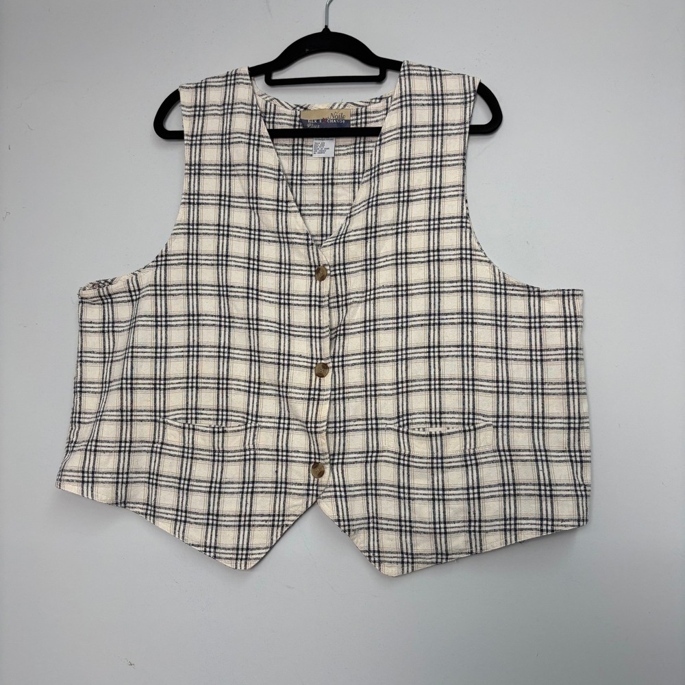 Noile Silk Exchange Plus Womens 22W Silk Plaid Button Front Vest Cream Navy Tan